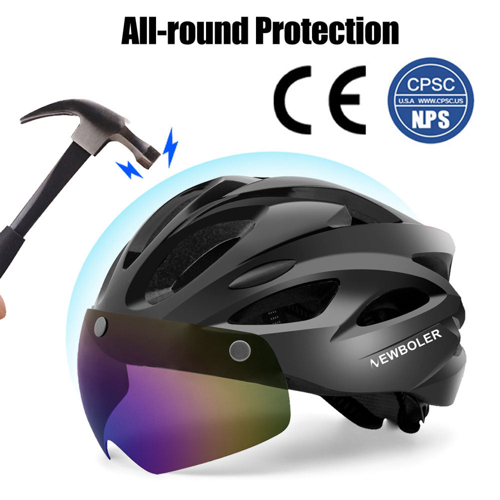 NEWBOLER Cycling Helmet Man Women LED Light Helmet Road Mountain Bike Helmet Removable Lens Riding Bicycle Helmet With Goggles