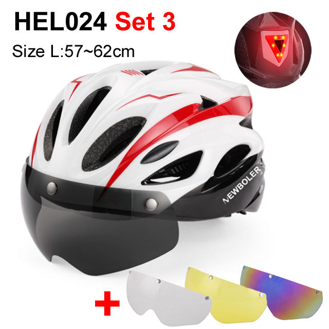 NEWBOLER Cycling Helmet Man Women LED Light Helmet Road Mountain Bike Helmet Removable Lens Riding Bicycle Helmet With Goggles