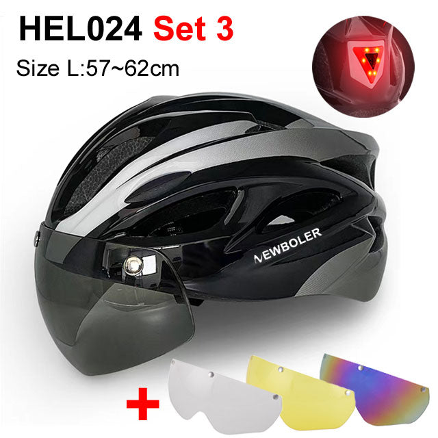 NEWBOLER Cycling Helmet Man Women LED Light Helmet Road Mountain Bike Helmet Removable Lens Riding Bicycle Helmet With Goggles
