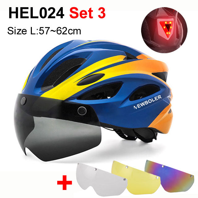 NEWBOLER Cycling Helmet Man Women LED Light Helmet Road Mountain Bike Helmet Removable Lens Riding Bicycle Helmet With Goggles