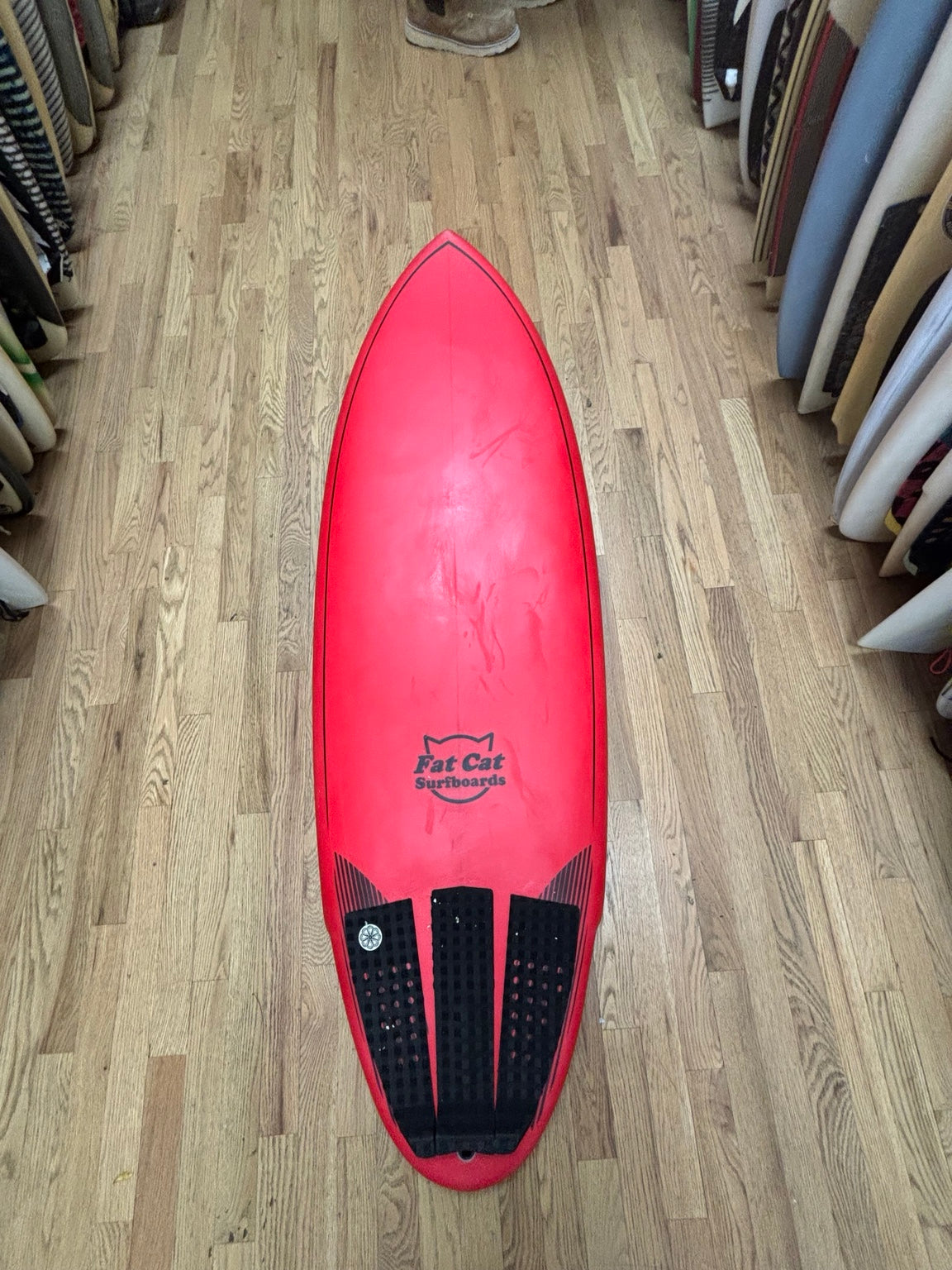 5 foot 6 red Fat Cat twin fin surfboard deck