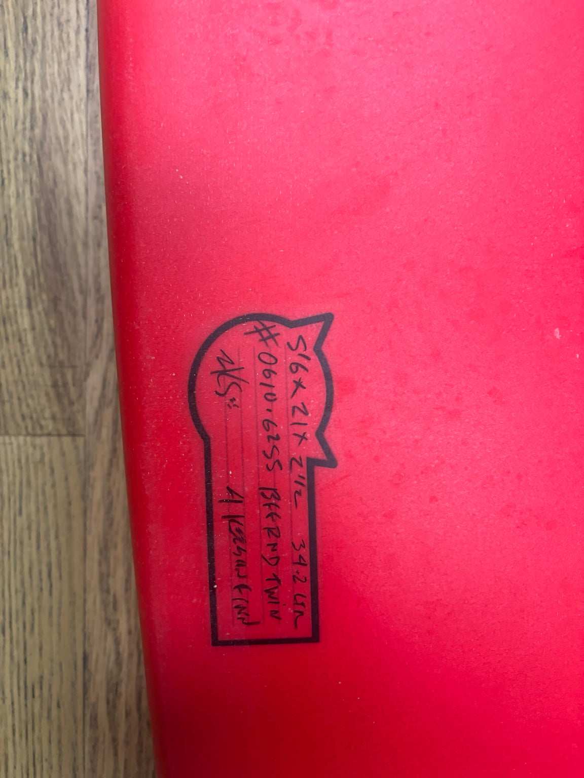Fat Cat surfboard handwritten dimensions and volume