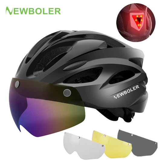 NEWBOLER Cycling Helmet Man Women LED Light Helmet Road Mountain Bike Helmet Removable Lens Riding Bicycle Helmet With Goggles